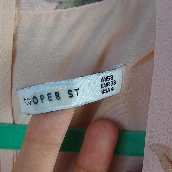 Cooper St Pink Floral Swiss Dot Frill Sleeve Neck Tie Midi Dress sz 4 - Picture 7 of 9